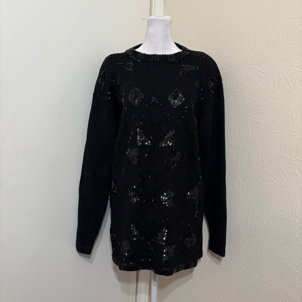 Black Beaded Sequin Geometric Long Sweater Glam Dark Holiday Winter Top Sz S